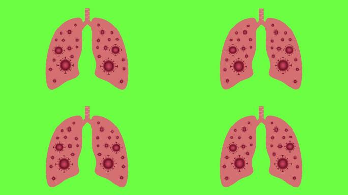 绿色背景上的肺被病毒感染动画