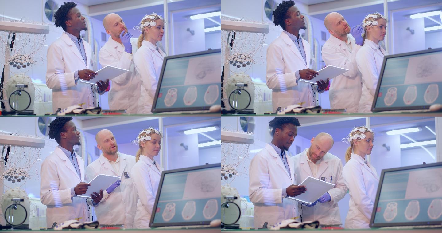 科学家在实验室检查脑波扫描机。