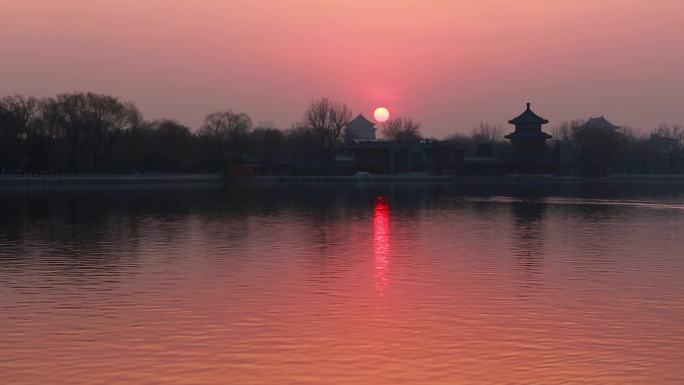 后海清晨、日出、疫情前、北京后海、野鸭子