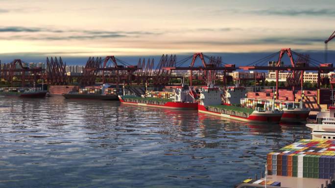 【宽屏】三维码头港口航运货轮国际贸易动画
