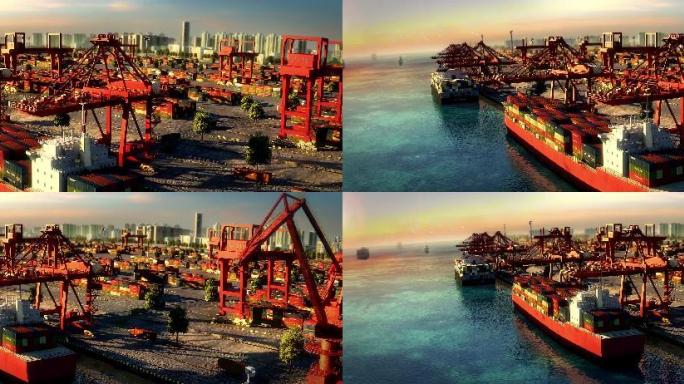 贸易航运货运龙门吊装码头港口三维动画宽屏