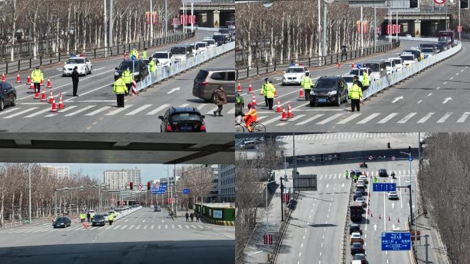 航拍疫情下交警指挥交通查酒驾交通管制