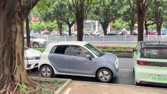 停靠在马路边上的绿色新能源小型代步车