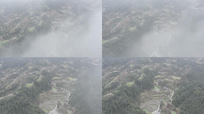 4K航拍穿过云层航拍梯田全景