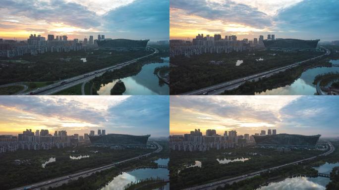 成都锦城湖环球中心日出航拍延时素材