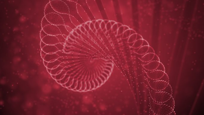 红色背景上的动画DNA字符串和粒子。
