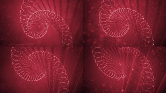 红色背景上的动画DNA字符串和粒子。
