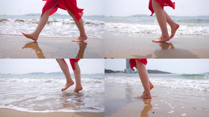 海边美女脚步海浪散步