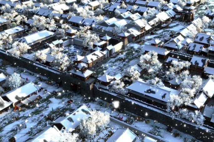 【三维】古代城市古城建筑冬季雪景幻影成像