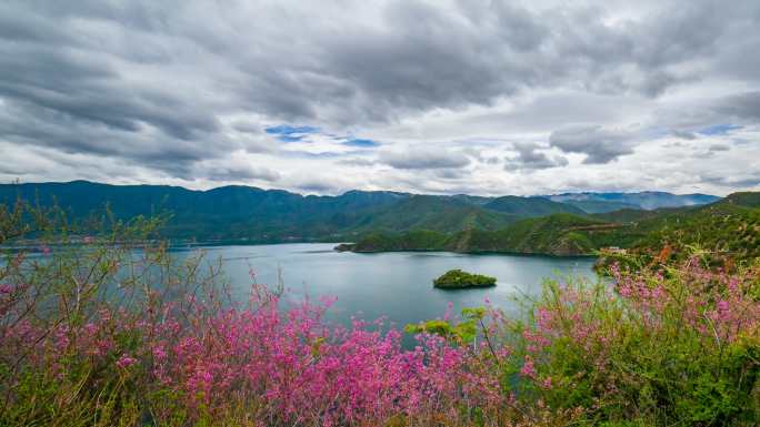 云南丽江泸沽湖泊洛克岛美景自然风光延时