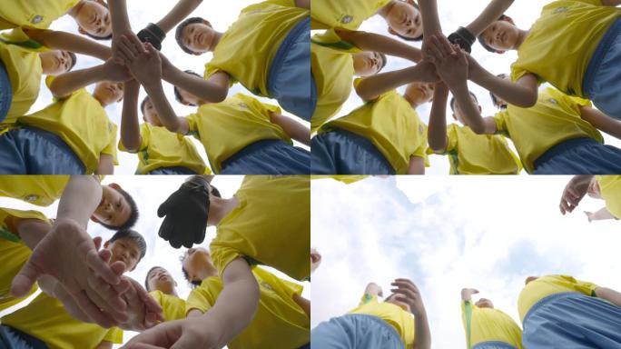小学生儿童足球搭手合力团队合作加油鼓励