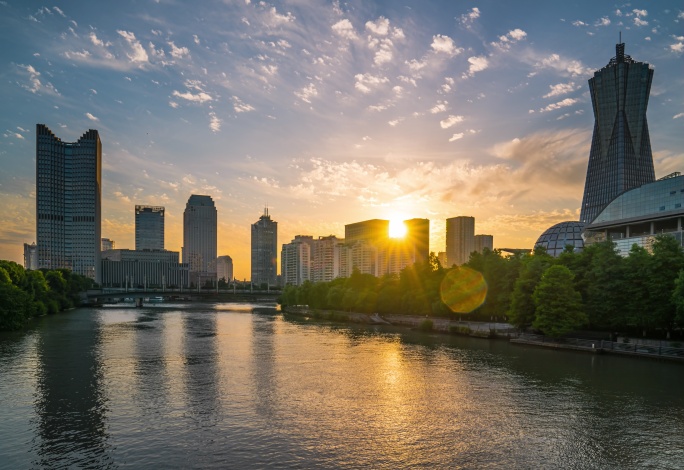 延时夕阳杭州西湖文化广场京杭运河船只