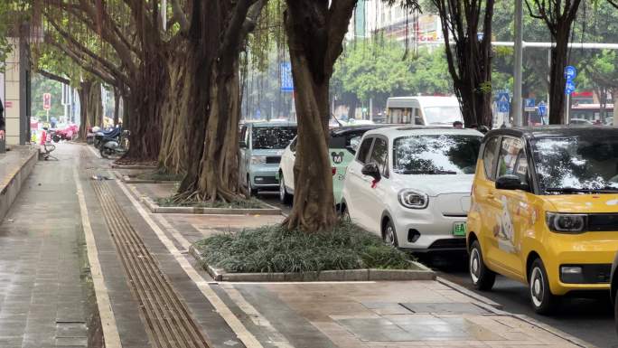 停靠在马路边上的绿色新能源小型代步车