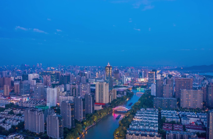 航拍延时夜景杭州西湖文化广场环球中心