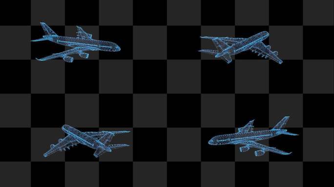 4K蓝色全息线框科技运输飞机循环带通道
