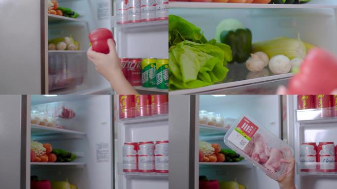 打开冰箱拿食物：拿甜椒拿肉