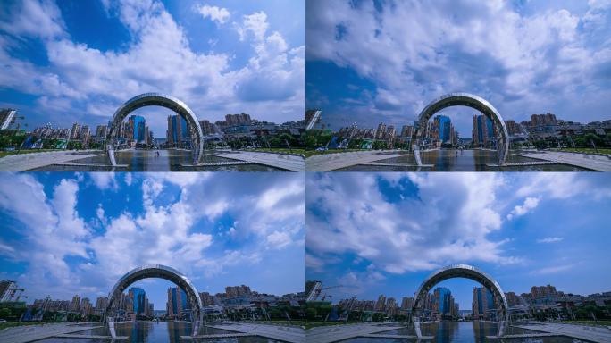 广场喷泉水面城市白云蓝天延时4K视频素材