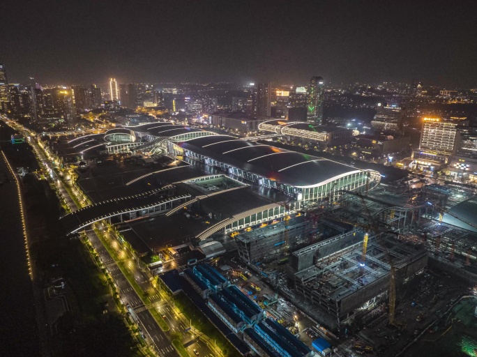 广州琶洲广交会展馆区夜景航拍延时摄影4K