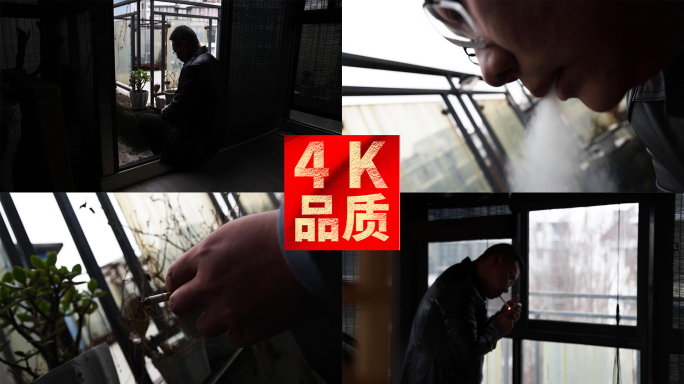 一个男人独自蹲坐阳台抽烟 电话压力大4k