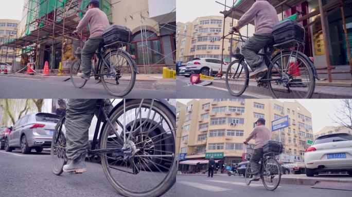 4K农民工骑自行车走在街道上班