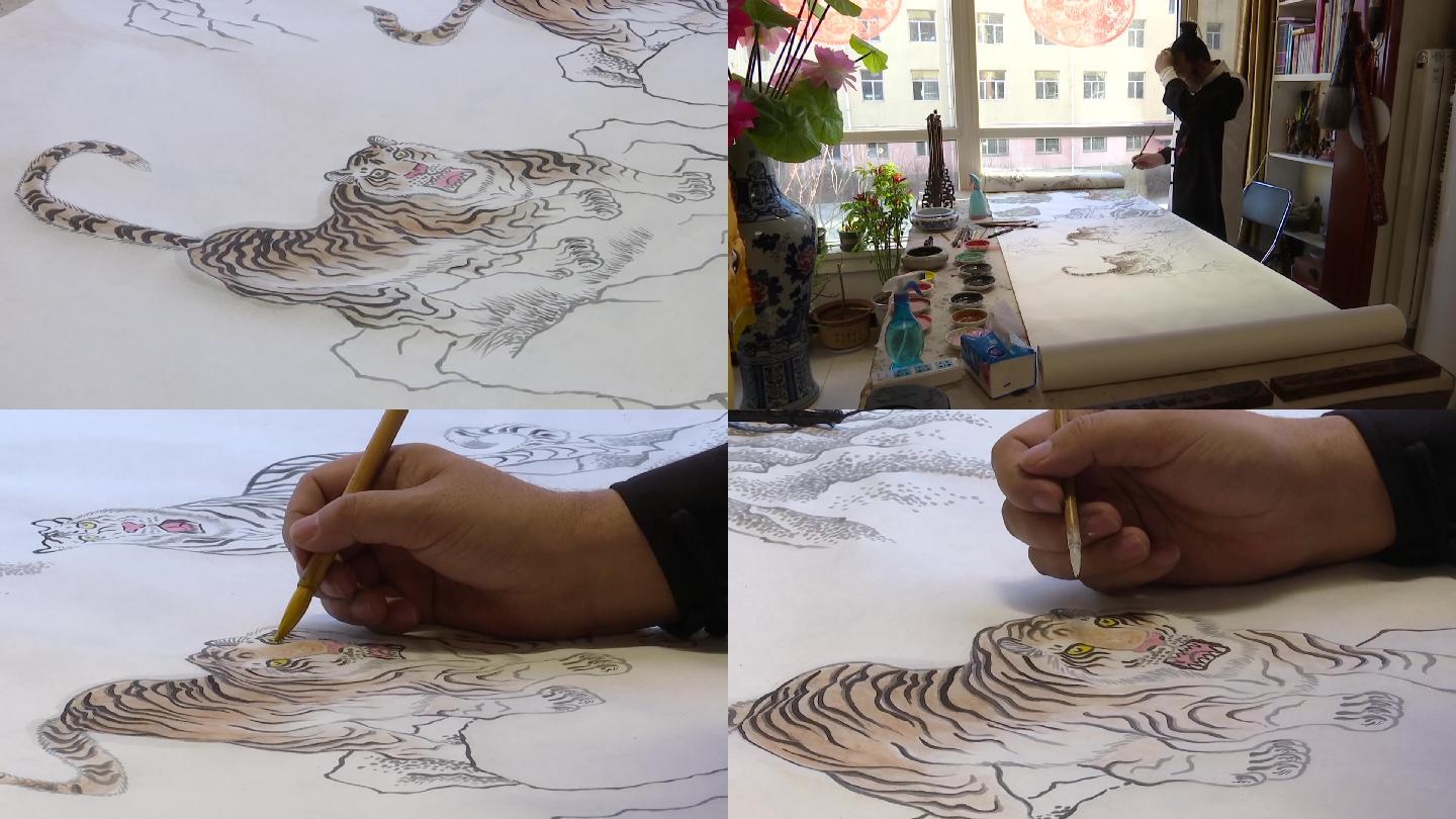 画家艺术家在家里工作室画案上画老虎绘画