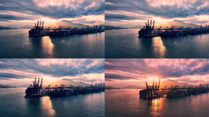金色的夕阳在云层的折射下映满了整个港口