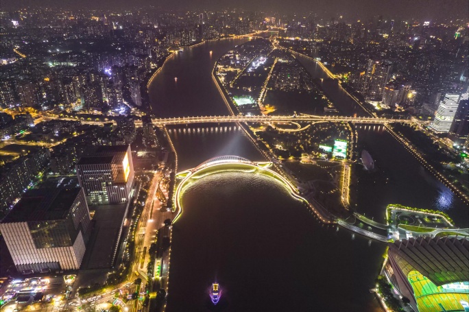 广州珠江新城海心桥夜景航拍延时4K