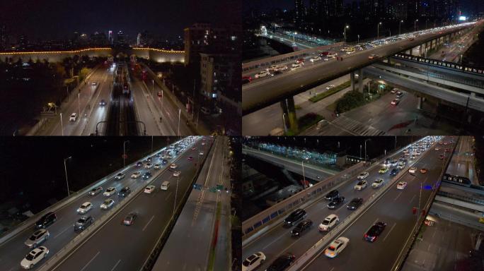 高架地铁夜景航拍  4k高码率