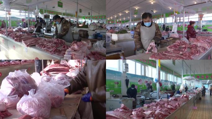 菜市场猪肉摊位摊主割肉人们买肉