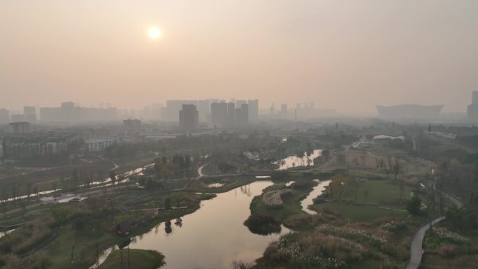 航拍中和湿地夕阳湖面公园