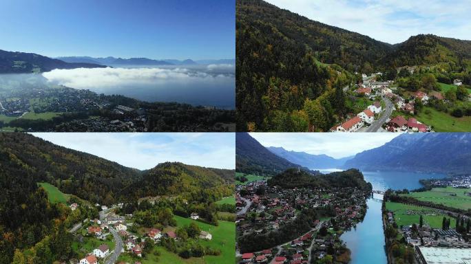 4K航拍瑞士因特拉肯小镇