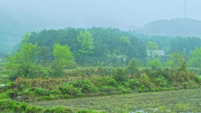 群山中的小屋在雨中