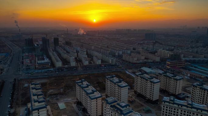 城市日出太阳延时楼房建筑延时5k