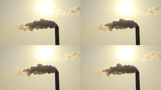 4K烈日下的发电厂大烟囱浓浓烟雾污染