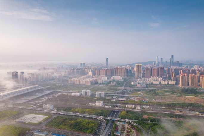 广西南宁火车东站凤岭北开发区清晨日出航拍