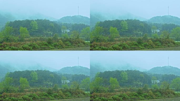 群山中的小屋在雨中