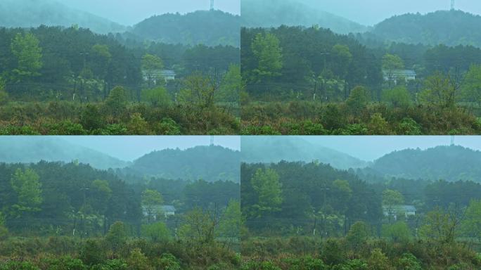 群山中的小屋在雨中