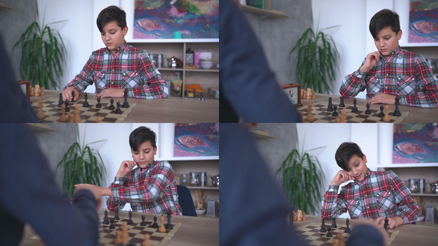 两个男孩在下棋博弈少儿