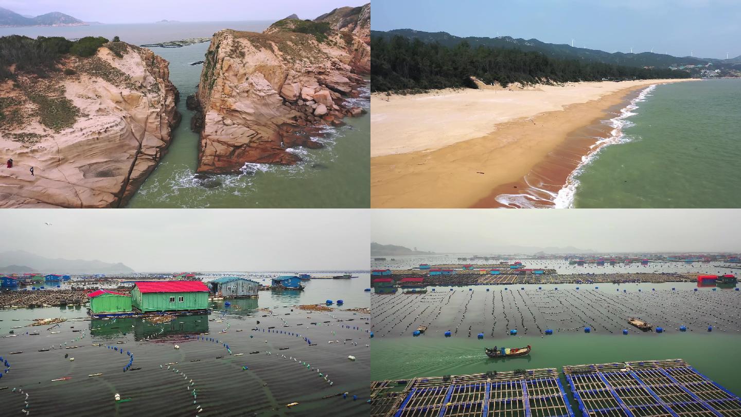福建宁德霞浦海滩渔船养殖业自然风光