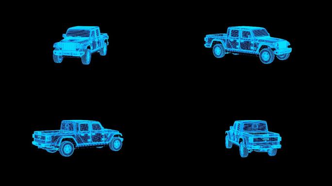 蓝色线框全息科技皮卡车动画素材带通道
