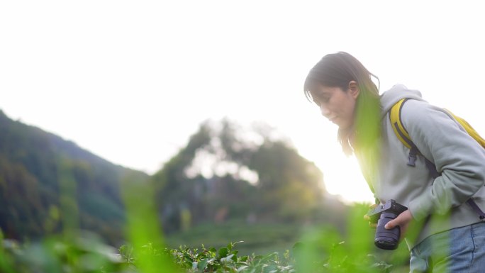 春天年轻女孩郊游公园拿相机拍摄美丽景色