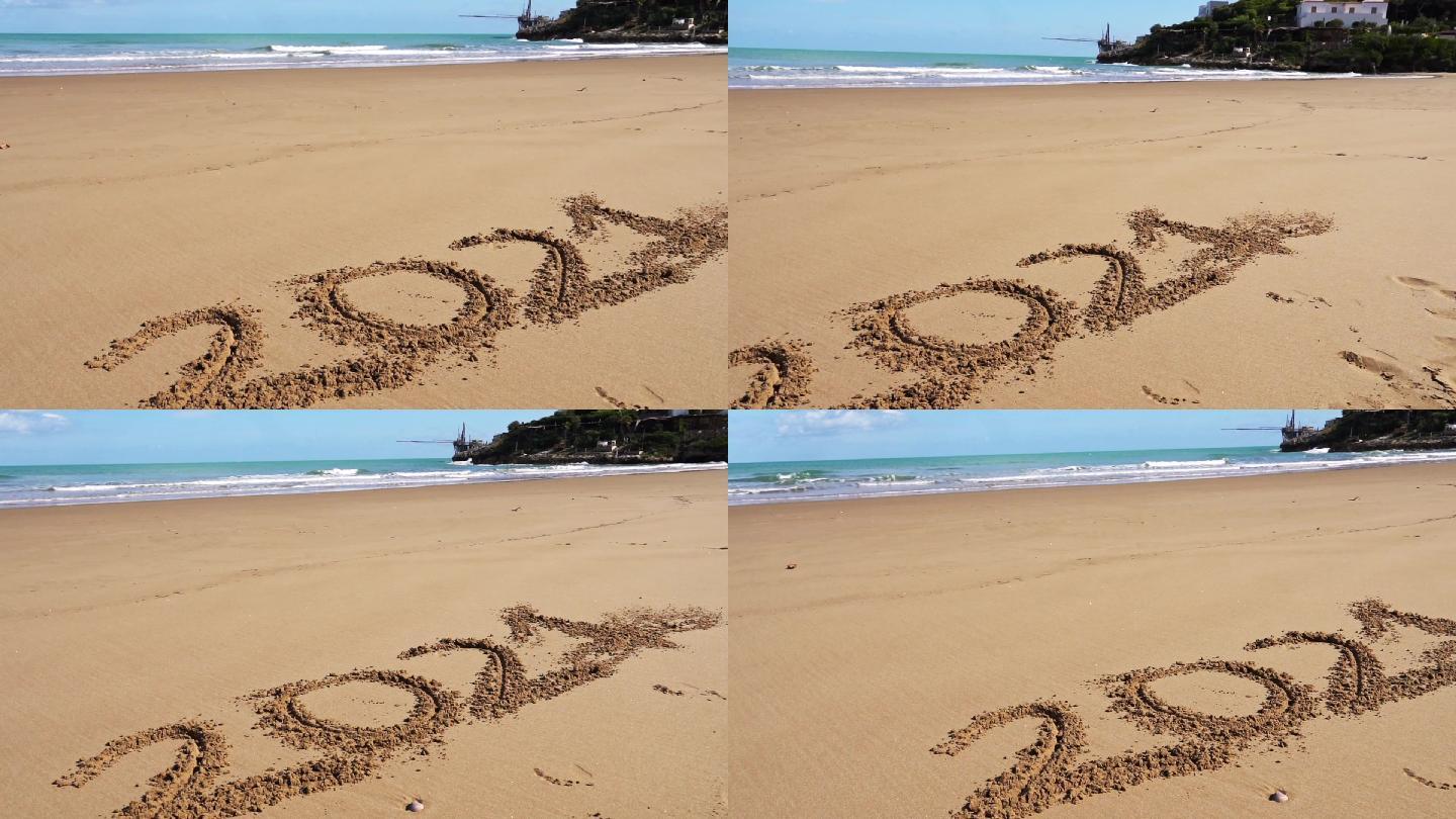 在沙滩上写数字浪漫海边海浪