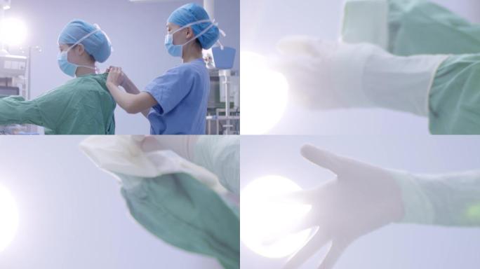 唯美手术室穿手术衣戴手套手术包工具手术前