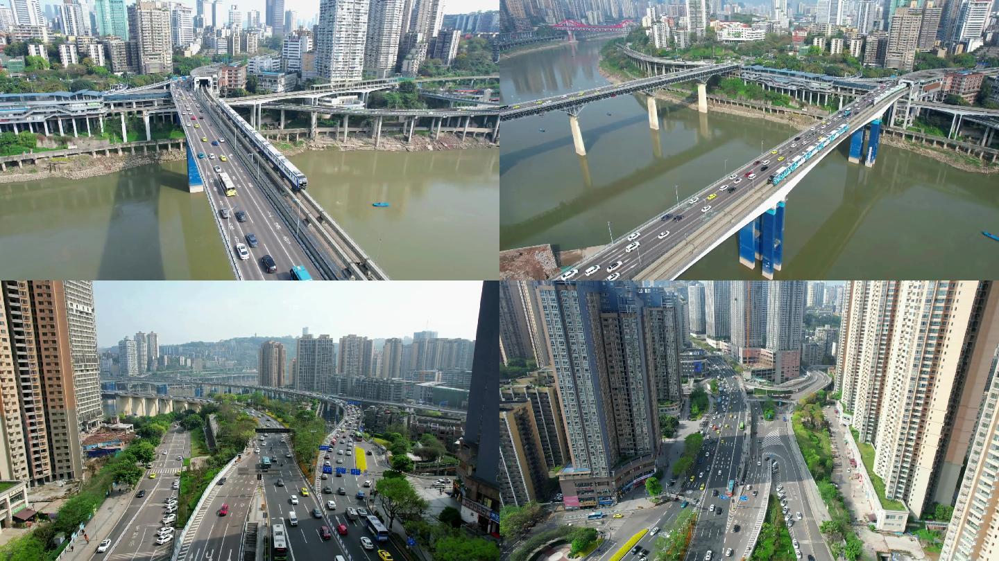 阳光明媚下近距离拍摄轻轨3号线、车流
