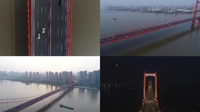 2.7k武汉鹦鹉洲长江大桥白天夜景航拍