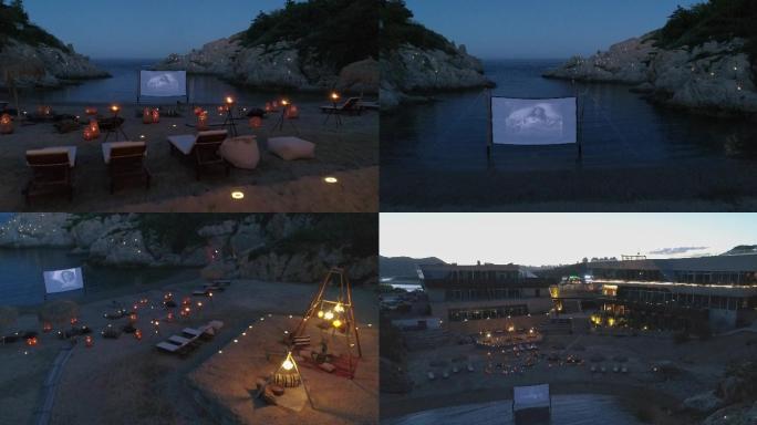 篝火派对晚会浪漫投影网红沙滩派对航拍4K