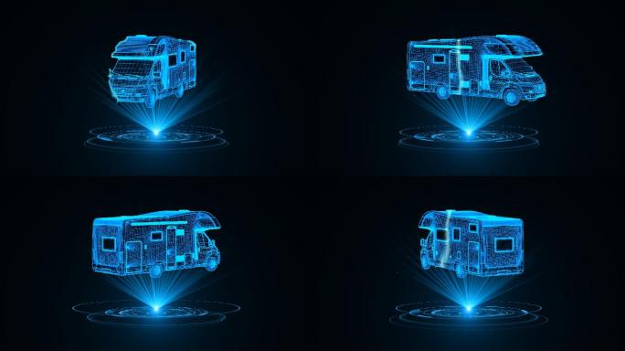 蓝色线框全息科技房车动画带通道