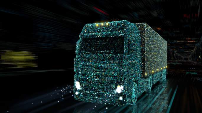 由数字数据组成的数字卡车在通过一条隧道。