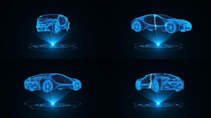 蓝色线框全息科技概念车动画带通道
