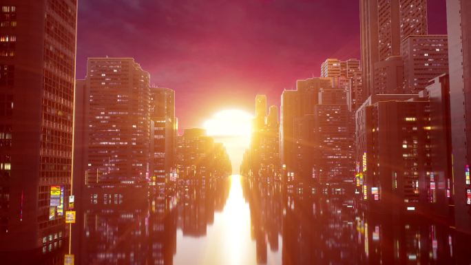 赛博朋克科幻都市穿梭落日城市视频背景素材